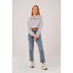 Sudadera con capucha corta para mujer, azul marino a rayas, con cuello polo, al por mayor - Product Image 6