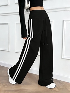 Polyester/Cotton Black Women's Casual Loose Wide Leg Double Side Striped Terry Fleece Soft Sweatpants - Product Image 4