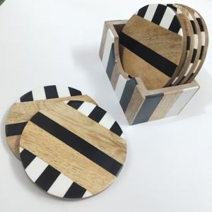 Rustic Wood and Resin <b>Coaster</b> Round <b>Drink</b> <b>Coasters</b> with Holder Striped Black & White resinInlay for Stylish Home or Living Room - Product Image 1