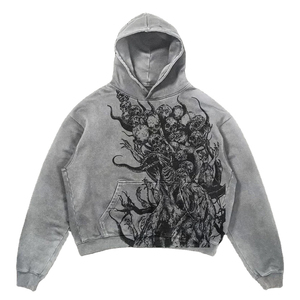Sweat à capuche homme en molleton de coton épais, coupe ajustée, imprimé en relief, broderie effet vieilli, motif lettres, devant court, collection automne - Product Image 2