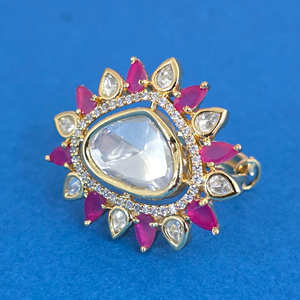 Handmade Adjustable Kundan <b>Ring</b> From India Fashionable Jewelry with Carat Gold Plating - Product Image 5