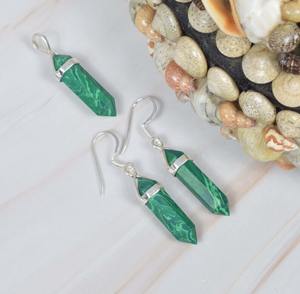 สีเขียวมะลาไคต์ 925 เงินสเตอร์ลิงอัญมณีต่างหูจี้ชุด Handmade เครื่องประดับของขวัญสําหรับ 2 หินต่างหู - Product Image 4