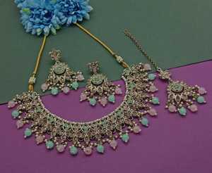 New Design Fancy Gold Plated Traditional Motipearl &<b>Drop</b> Kundan Studded Choker <b>Necklace</b> Earring Mangtika Set&Jewellery Set Woman - Product Image 4