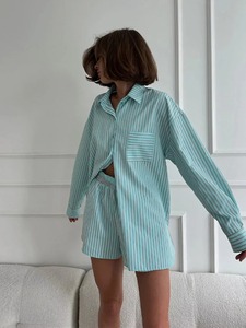 Traje informal a rayas para mujer, los mejores bolsillos de un solo pecho, camisas de manga larga, pantalones cortos de cintura alta, conjuntos femeninos, ropa de playa para mujer - Product Image 4