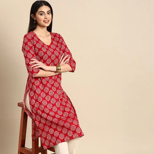 Kurta indien pakistanais kameez femmes ethniques pur coton motifs ethniques imprimés manches trois quarts - Product Image 1