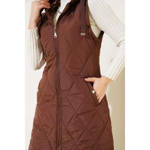 Marron À Capuche Puffer Gilet Snap Poches Broderie Logo Décoration Tricoté Toile Étanche Streetwear Crop Longueur Top pour L'hiver - Product Image 4