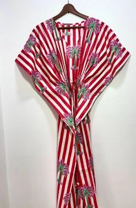 Caftan 100% coton fait à la main pour femmes rayé imprimé fleuri Maxi robe de nuit confortable longueur au sol pour demoiselle d'honneur Resort - Product Image 6