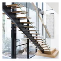 Escalier à poutre simple, escalier à poutre simple, cadre en acier, poutre en acier au carbone, poutre métallique, marches en bois, escalier en bois