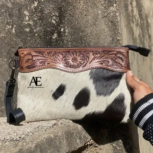 Hot Selling Tooled Fur Leather Clutch Purse Carved Leather Wallets Leather Wristlet Clutch Women Designed Purse