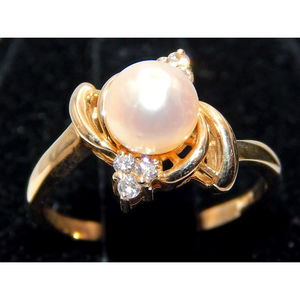 14K anello di perle d'oro con 6 diamanti gioielli eleganti per le donne - Product Image 3