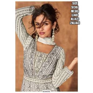 Rayonne de soie ethnique indienne Anarkali robe noire et blanche lourde brodée Dupatta manches longues évasées mariages vêtements de fête - Product Image 2