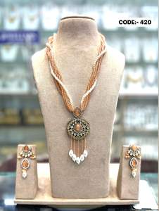 Glamorous Vintage Kundan Brass Necklace & <b>Earrings</b> Set Flower-shaped <b>Chains</b> with Beads Wedding Religious Occasions Special Gift - Product Image 4