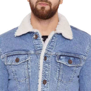 Winter fleece lined men <b>denim</b> <b>jacket</b> thick warm <b>sherpa</b> collar outerwear distressed blue jean coat fashion casual - Product Image 4