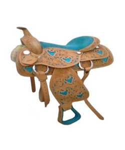 Selle de Course de Chevaux en Cuir Véritable Durable Fait à la Main Anglais New Western 3D Floral Turquoise Incrustation Équipement Tambour Teint Inde - Product Image 2