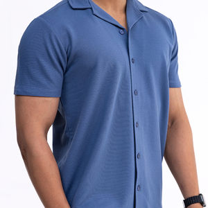 Personnalisable 100% respirant anti-rétrécissement anti-rides écologique imprimé bleu été décontracté éponge piqué coton chemise pour hommes - Product Image 1
