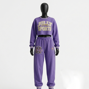 Women 320 GSM Cotton Fleece Yellow Crop <b>Top</b> Cargo Pant Set <b>Rhinestone</b> Heat Transfer Custom Logo Women's Set - Product Image 2