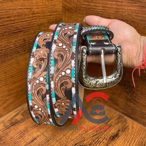 เข็มขัดหนังแท้สำหรับผู้ชายและผู้หญิง, เข็มขัดลายดอกไม้ทำด้วยมือแบบตะวันตกเข็มขัดคาดเอวหนังแท้ - Product Image 1