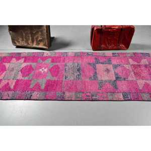 พรมตุรกีขนาด 2.9x10.2 ฟุต, พรมเฮอร์กี, พรมลายตารางสีชมพู ทำจากขนสัตว์ - Product Image 3