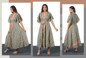 Women's Boho Brick Pattern Cross Back <b>Silk</b> <b>Maxi</b> <b>Dress</b> Flowy Summer Outfit for Beach Days, Vacations & Casual Chic - Product Image 2