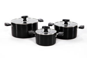 Vente en gros de luxe moderne antiadhésif de cuisine 3 pièces en aluminium anodisé batterie de cuisine avec couvercles en verre écologique - Product Image 6