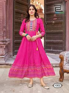 Mode à la mode pour les femmes longue rayonne Anarkali kurti robe de soirée de mariage indien feuille impression robe pour les femmes 2024 - Product Image 2