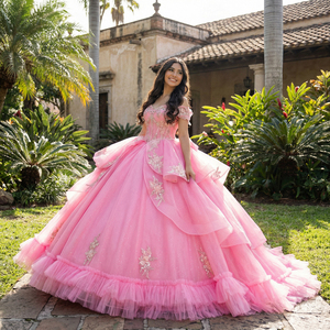 Robe de bal de Quinceañera de luxe XS238 rose avec perles et appliques, taille naturelle, imprimé, pour filles - Product Image 1