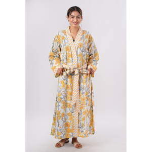 Vente en gros Kimono pour femme Ridhi imprimé en bloc Jaune de maïs crémeux 100% pur coton Robe de bain Kimonos pour dames - Product Image 1