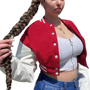 <b>Red</b> & White Color Women Crop Top Varsity Jackets Crop Slim Fit Women Cropped Varsity Baseball Jacket Wholesale - Product Image 1