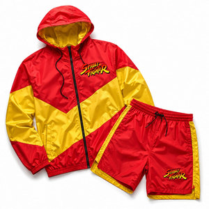 Street Fighter <b>Men's</b> Red Yellow Solid Hooded Windbreaker <b>Jacket</b> Shorts Set Streetwear <b>Summer</b> Breathable Quick Dry Knitted - Product Image 1