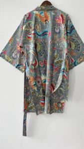 Robe Kimono en coton faite à la main Gris Boho Lounge Wear Robe de Spa légère Summer Beach Cover Up Resort Wear pour les femmes - Product Image 4