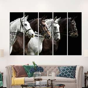 Arte impreso en lienzo para pared: elegantes caballos ecuestres en blanco y marrón, JUEGO DE 5 LIEÑOS - Product Image 1