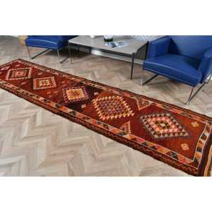 2.7x11.4 ft Vintage <b>Runner</b> Rug, <b>Red</b> Orange Turkish Camouflage Wool Rug - Product Image 5