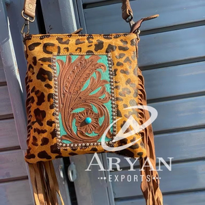 มาใหม่สไตล์ตะวันตกสัตว์ขนสัตว์หนัง Fringe กระเป๋าถือเสือดาวพิมพ์สลิงกระเป๋ามือ Toolled แกะสลักกระเป๋าพรรคสวมใส่สตรี - Product Image 1