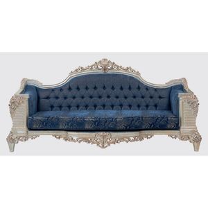 Lussuoso divano in mogano a tre posti a Chesterfield in stile vittoriano intagliato a mano con ciuffo blu personalizzabile per eleganti spazi abitativi - Product Image 1