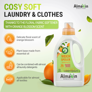 Adoucissant textile écologique AlmaWin Export Orange 750ml 30 lavages Huiles essentielles Parfum pour le linge Liquide lessive - Product Image 2