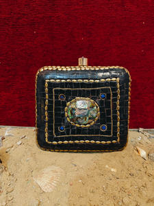 Sac à main carré en mosaïque noire artisanal avec centre en coquillage naturel, sac de soirée de luxe, étui rigide, sac à main de créateur - Product Image 4