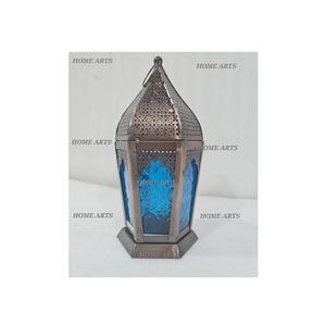 Lanterne en fer et verre bleu, lanterne décorative de table de mariage, qualité exclusive, taille personnalisée - Product Image 1