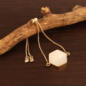 Woman jewelry collection hexagon shape natural mother of pearl gold plated box chain bracelet slider lock adjustable bracelet