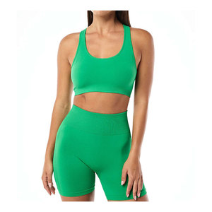 Cotton Women's High-Waisted Yoga <b>Set</b> 2-Piece Impact Sport Workout Gym Outfits Ribbed Above Knee Shorts & Bras Solid Casual Style - Product Image 4