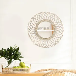 Best Selling Wholesale Decorative Vintage Round Rattan Wicker Wall Mounted Mirror Hand Woven Natural Mirror Wall Hanging Decor