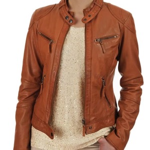 แจ็คเก็ตหนังแกะสีน้ำตาลสำหรับผู้ชายมอเตอร์ไซค์โลโก้ด้านหน้าเป็นมิตรต่อสิ่งแวดล้อมแท้มีสไตล์ทนทาน - Product Image 1