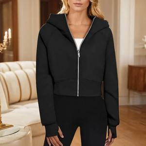 Sudadera con capucha de manga larga de Invierno para mujer Sudadera de moda negra sólida con bolsillos con cordón y cremallera suelta de talla grande - Product Image 2