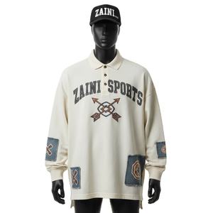 Polo de Punto de Algodón de Primera Calidad para Hombre, 240 GSM, Color Crema, Panel de Mezclilla con Apliques, Logotipo Personalizado - Product Image 1