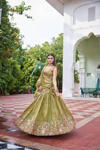 Ensemble Lehenga Choli brodé pour femmes, séchage rapide, vert olive pastel, pêche, tenue de fête de mariage, tenue de fête avec dupatta - Product Image 3