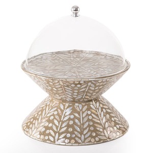 Support à gâteau de luxe double face en nacre avec dôme en verre, plateau rond décoratif incrusté pour desserts et chocolats, idéal pour le Ramadan - Product Image 6