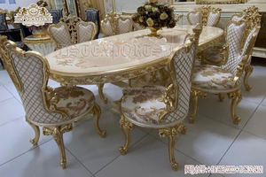Ensemble de table à manger royal en or sculpté à la main ensemble de table à manger 6 places à l'aspect français ensemble de meubles de salle à manger de style majestueux - Product Image 2