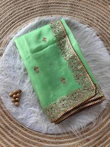 Sari indien pour mariage, tenue de soirée, sari de mariée, sari fantaisie, designer de Bollywood, soie organza lourde, travail de fil, non cousu - Product Image 4