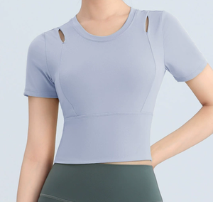 เสื้อออกกำลังกายสำหรับผู้หญิงเสื้อออกกำลังกายแบบไร้รอยต่อแห้งเร็วระบายอากาศได้ดีเสื้อใส่เล่นกีฬาคอแต่งโลโก้ได้ยาวสั้น - Product Image 4