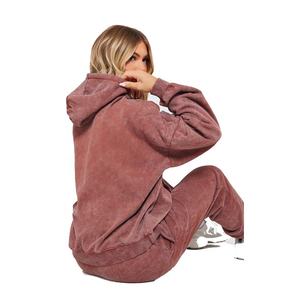 100% Cotton Acid Wash Custom Distress Embroidered <b>Sweatsuit</b> <b>for</b> <b>Women</b> Oversized Long Sleeves Flare Sweatpants Washed Tracksuit - Product Image 2