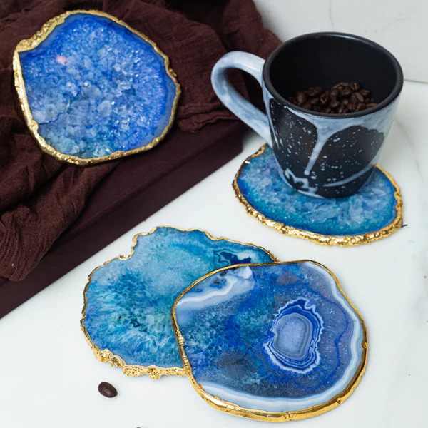 Polished Natural Crystal Rose Quartz Agate Slices Resin Coaster with Gold Rim Design Engraved for Home Decoration Angel Style